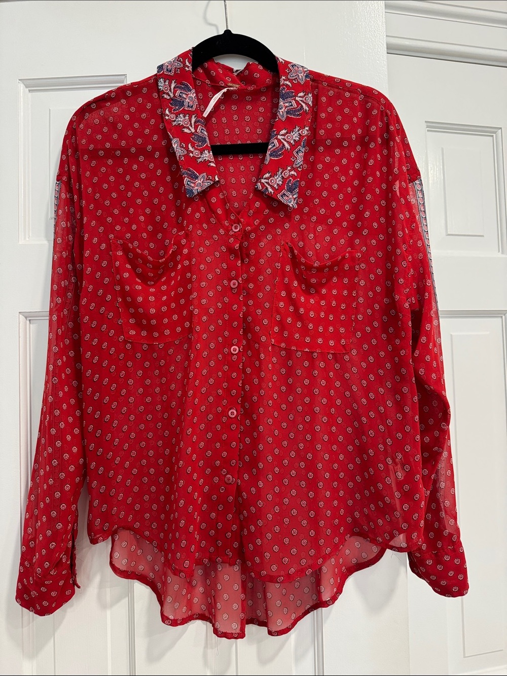 Free People Red Printed Sheer Button-Up Blouse